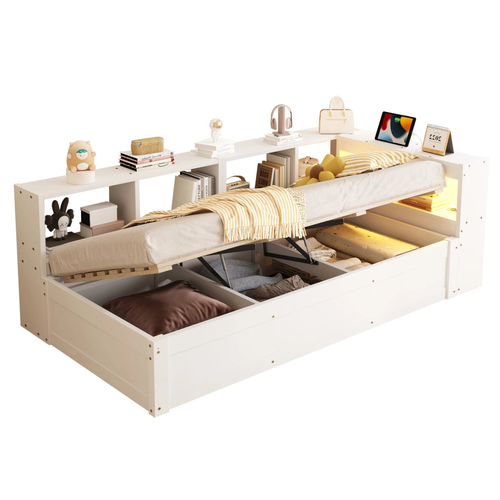 Letto singolo multifunzione 90 × 200 cm con vano contenitore legno bianco presa integrata e luce LED