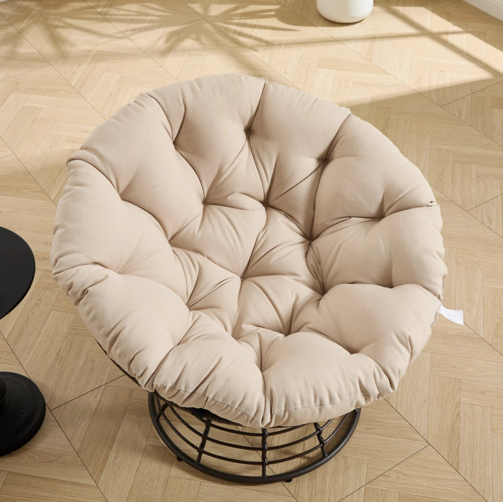 Sedia Papasan Girevole in Rattan Marrone con Cuscino Beige Morbido e Spesso, Struttura in Acciaio, 92 cm, Ideale per Soggiorno e Camera
