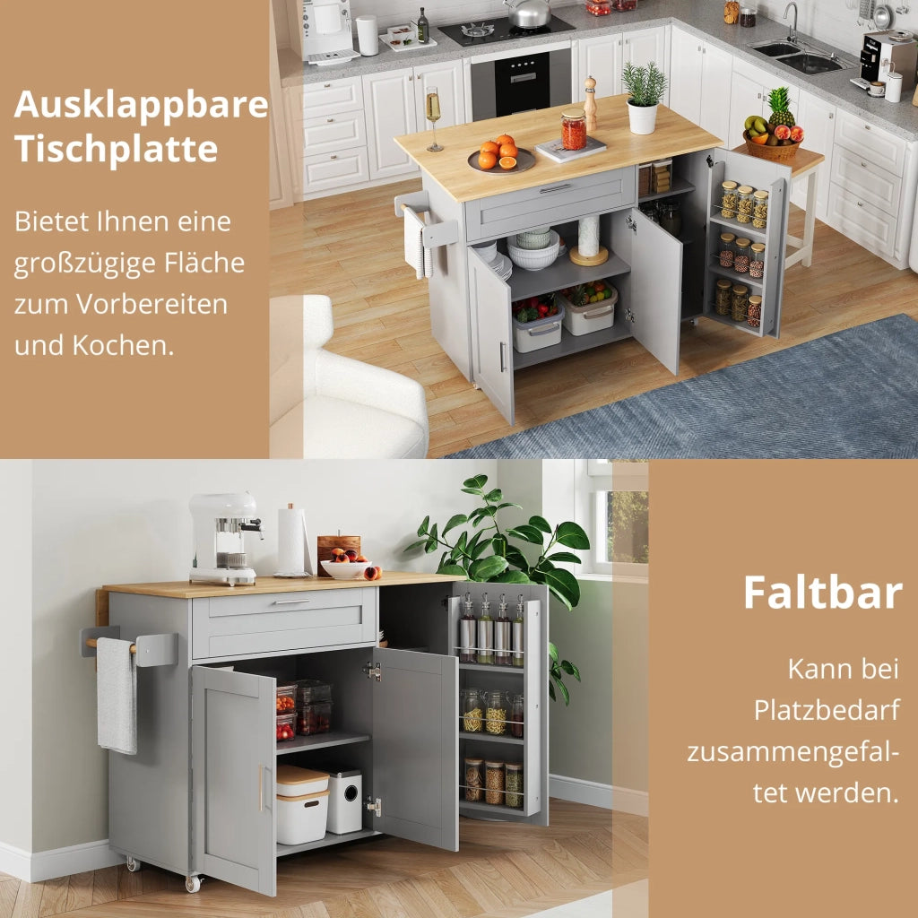 Tavolo da cucina mobile 132,5x44x90 cm, piano ribaltabile effetto rovere, con armadio multifunzione, portaspezie e portasciugamani, 5 ruote