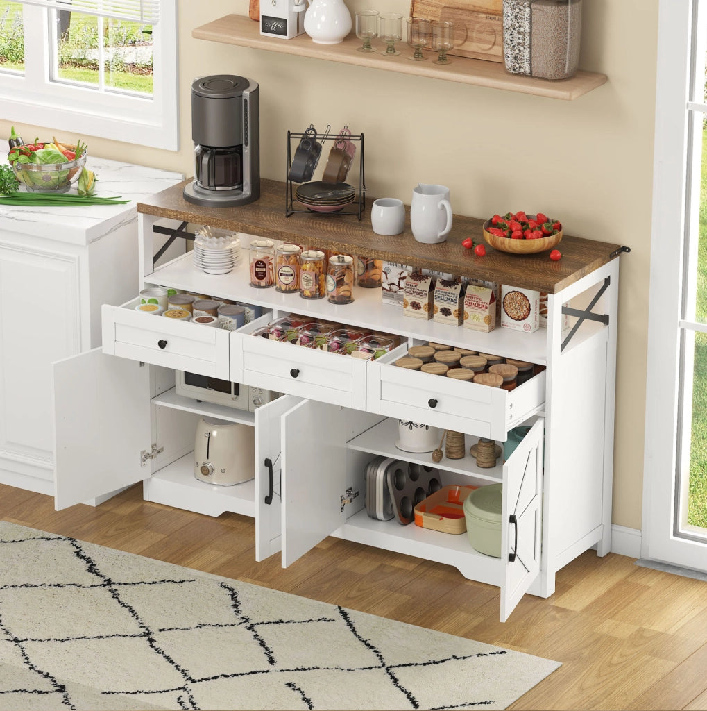 Buffet rustico 140 cm con 3 cassetti, ante con ripiani e vano aperto, mobile contenitore per cucina, soggiorno e ingresso bianco/marrone