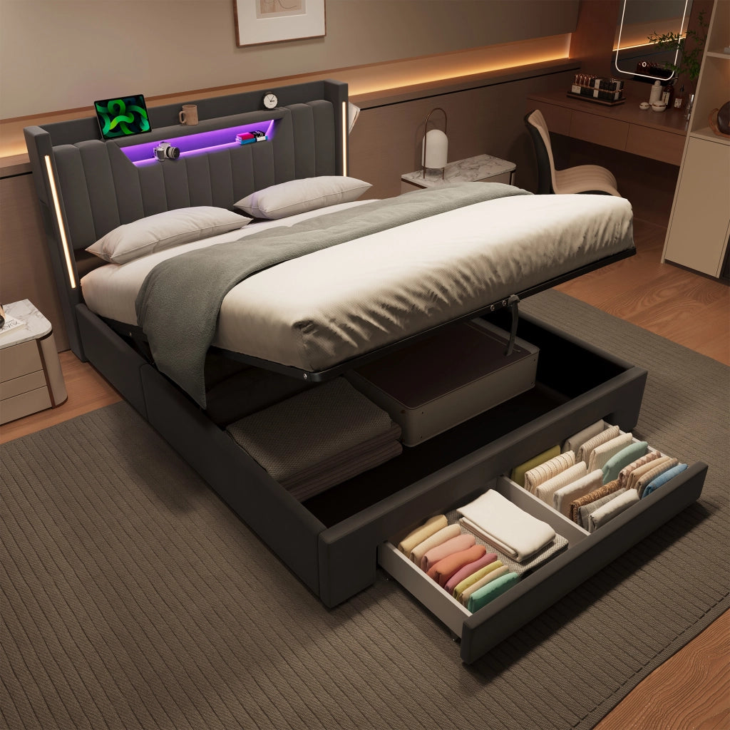 Letto matrimoniale 140x200 cm con LED e ricarica; testiera contenitore regolabile; velluto grigio scuro