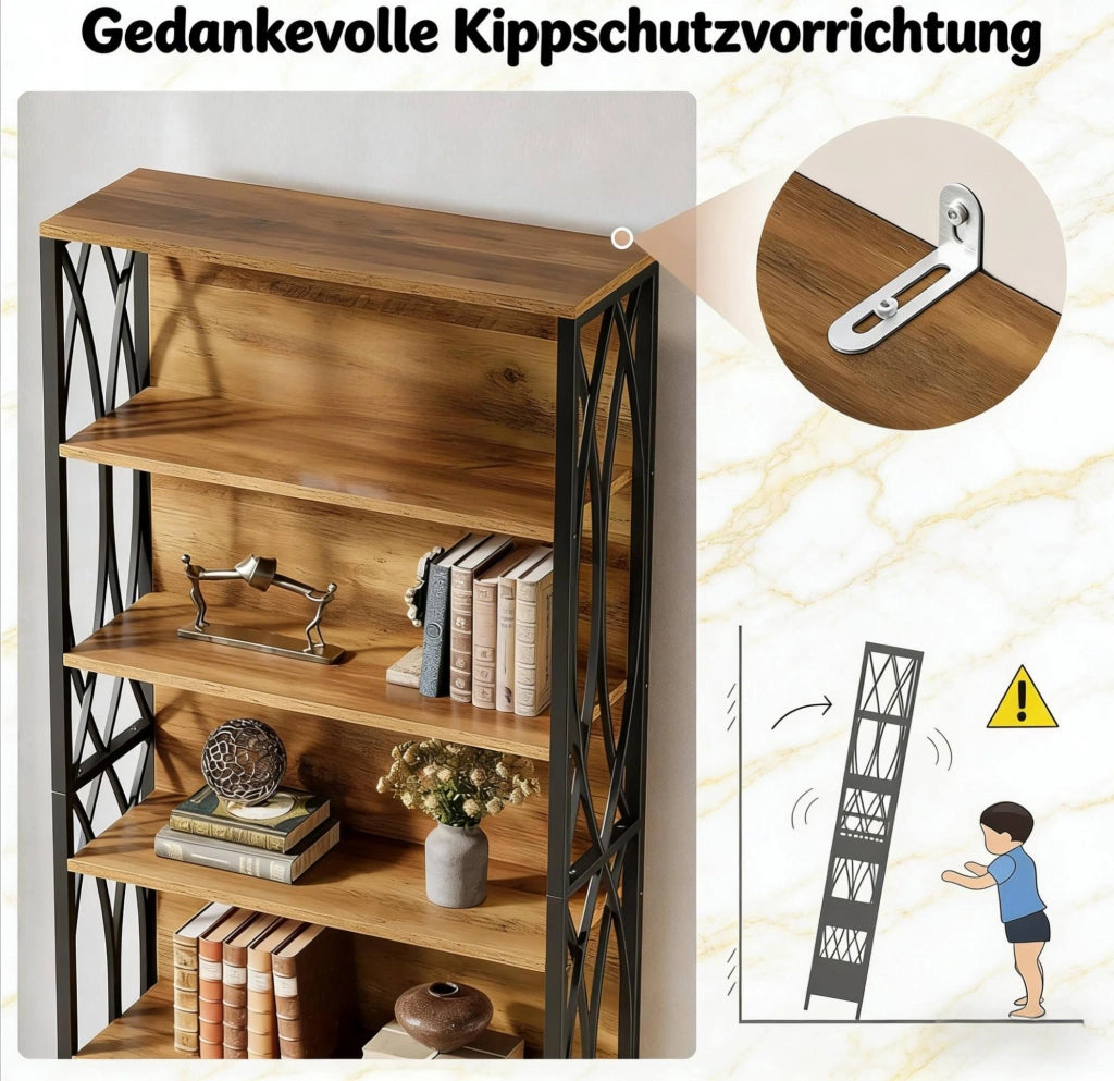 Libreria alta 180 cm in MDF e metallo nero e marrone