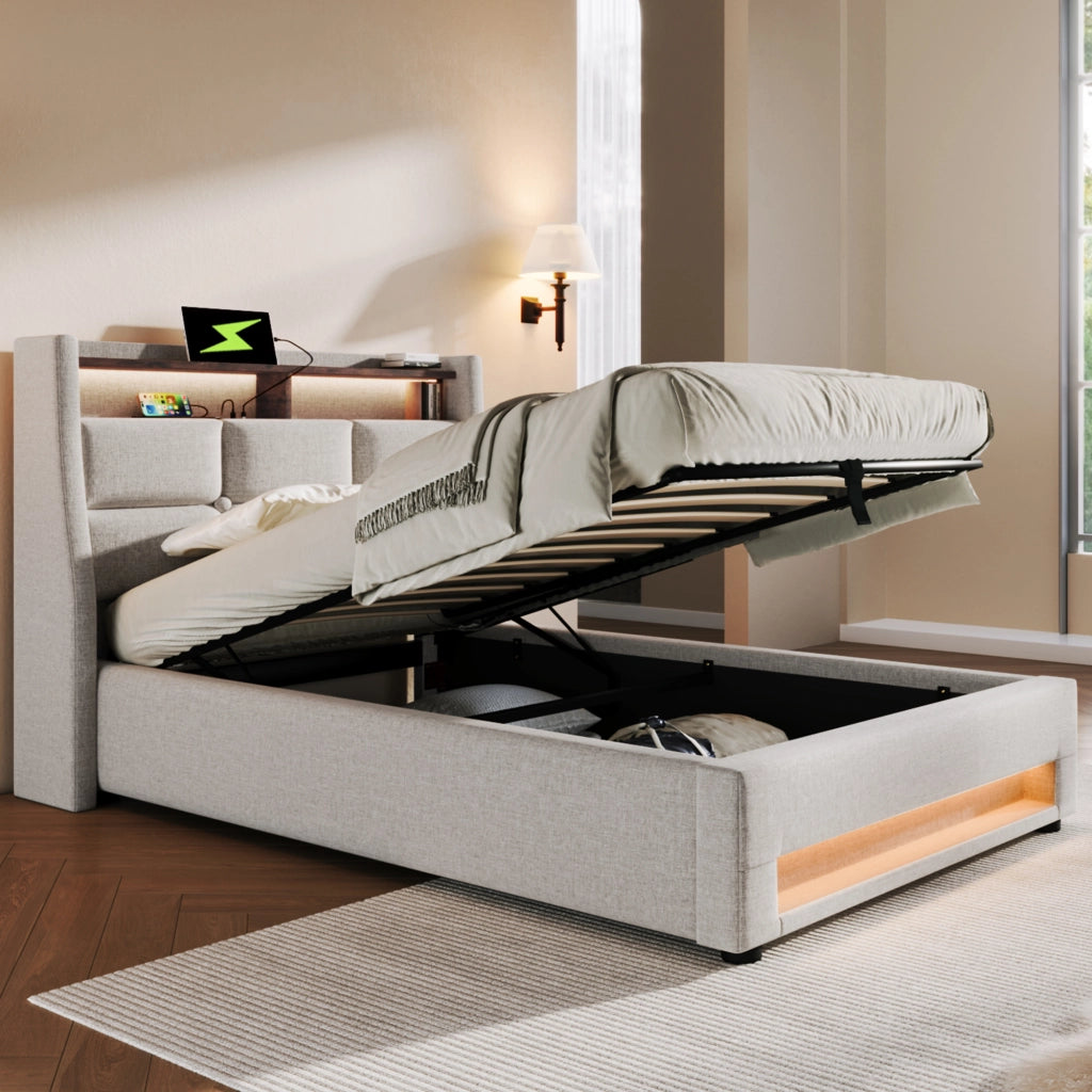 Letto imbottito singolo 90x200 cm con LED; USB e contenitore; beige chiaro