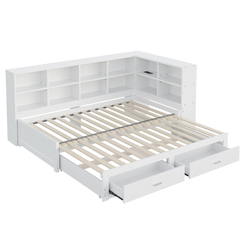 Letto con letto estraibile 90 × 190 cm estensibile a 180 × 190 cm con cassetti e prese multifunzione bianco