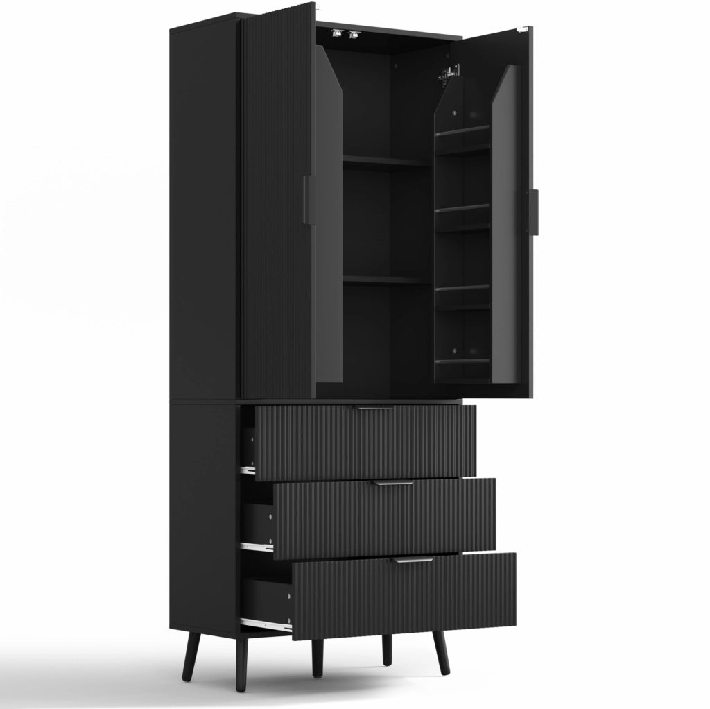 Armadio contenitore 75x35x180 cm con 2 ante e 3 cassetti in MDF nero