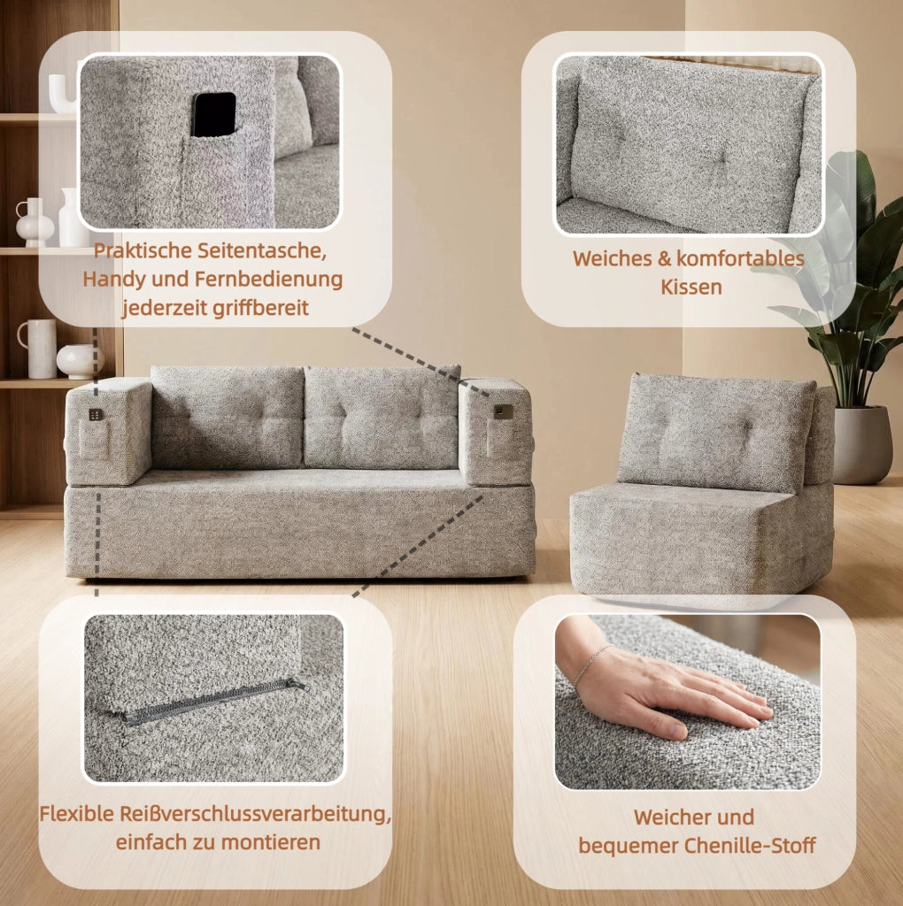 Divano modulare 2 posti con poltrona convertibile in letto, tessuto grigio chiaro, con tasche laterali porta telecomando e smartphone