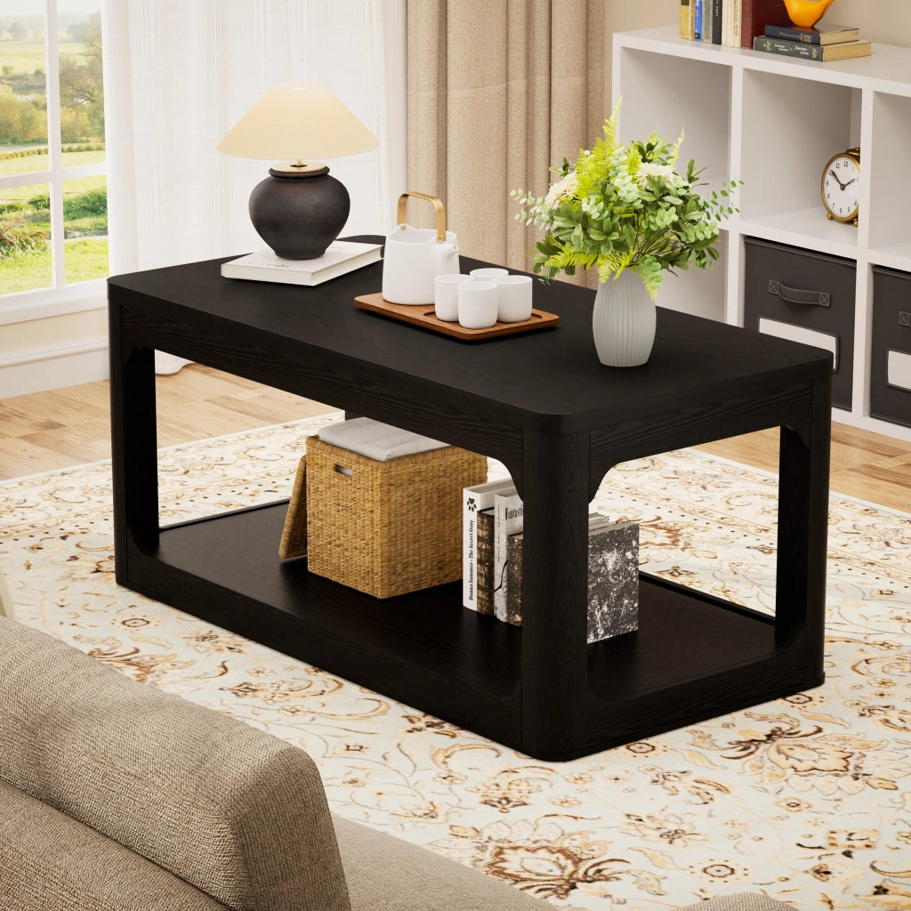 Tavolino da salotto con 2 ripiani aperti, design moderno in MDF nero, per soggiorno e camera da letto