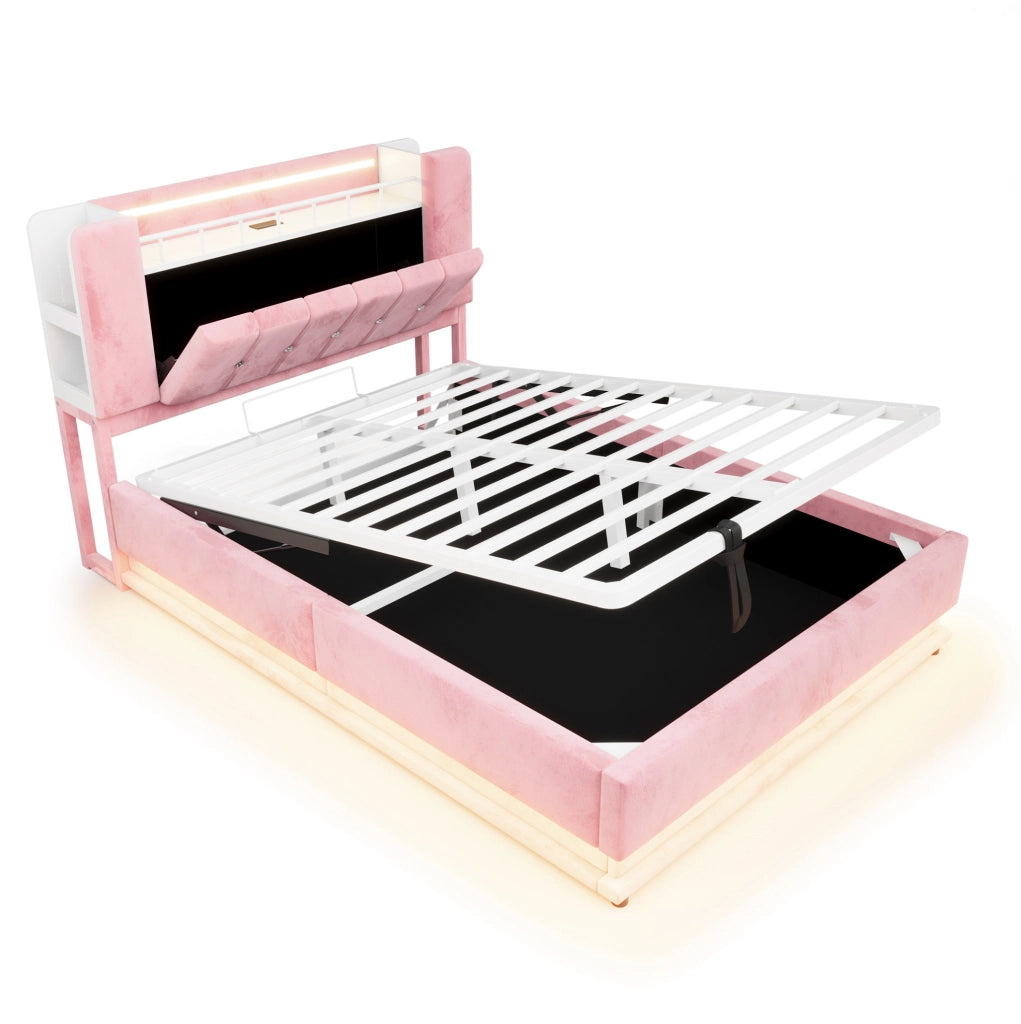 Letto contenitore 140x200 cm in MDF, metallo e velluto rosa con LED e USB senza materasso