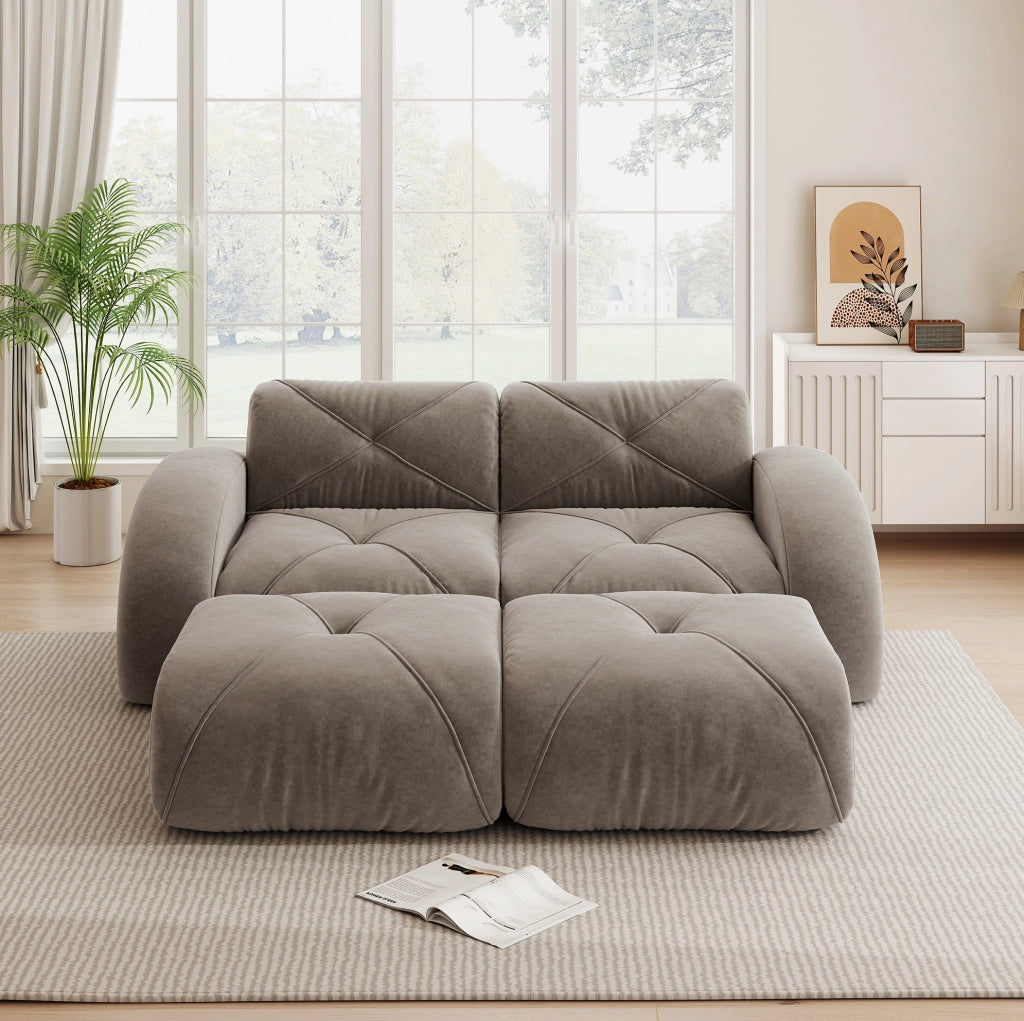 Divano modulare 2 posti taupe con 2 pouf, rivestimento in chenille senza struttura