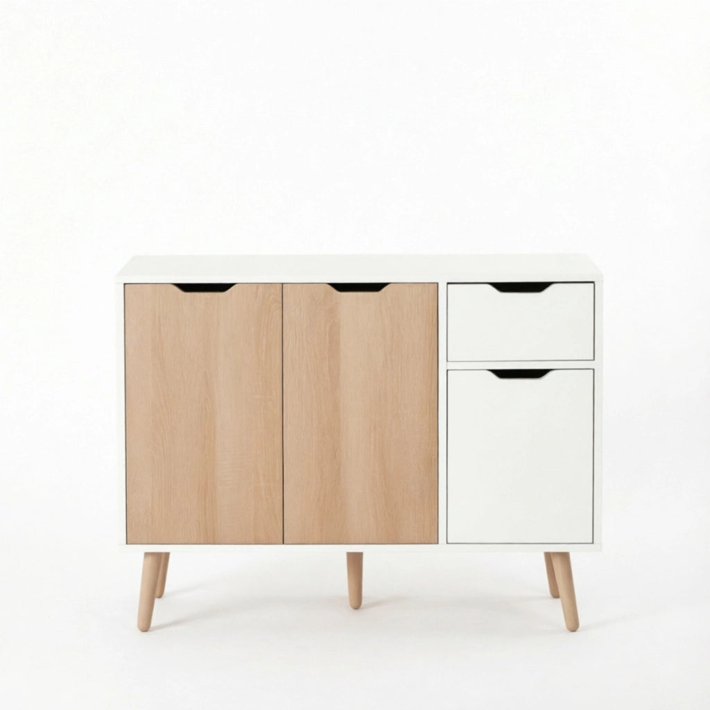 Sideboard design scandinavo con cassetti e ante, mobile per ingresso