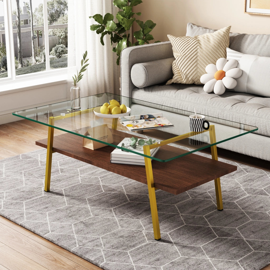 Tavolino basso fisso in vetro temperato con base in MDF e gambe in metallo oro rosa cipria 98 × 58 × 42.5 cm