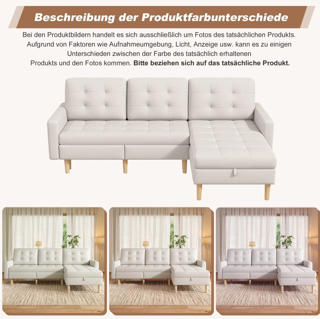 Divano angolare con chaise longue reversibile e contenitori; 212 × 130 × 86 cm; beige