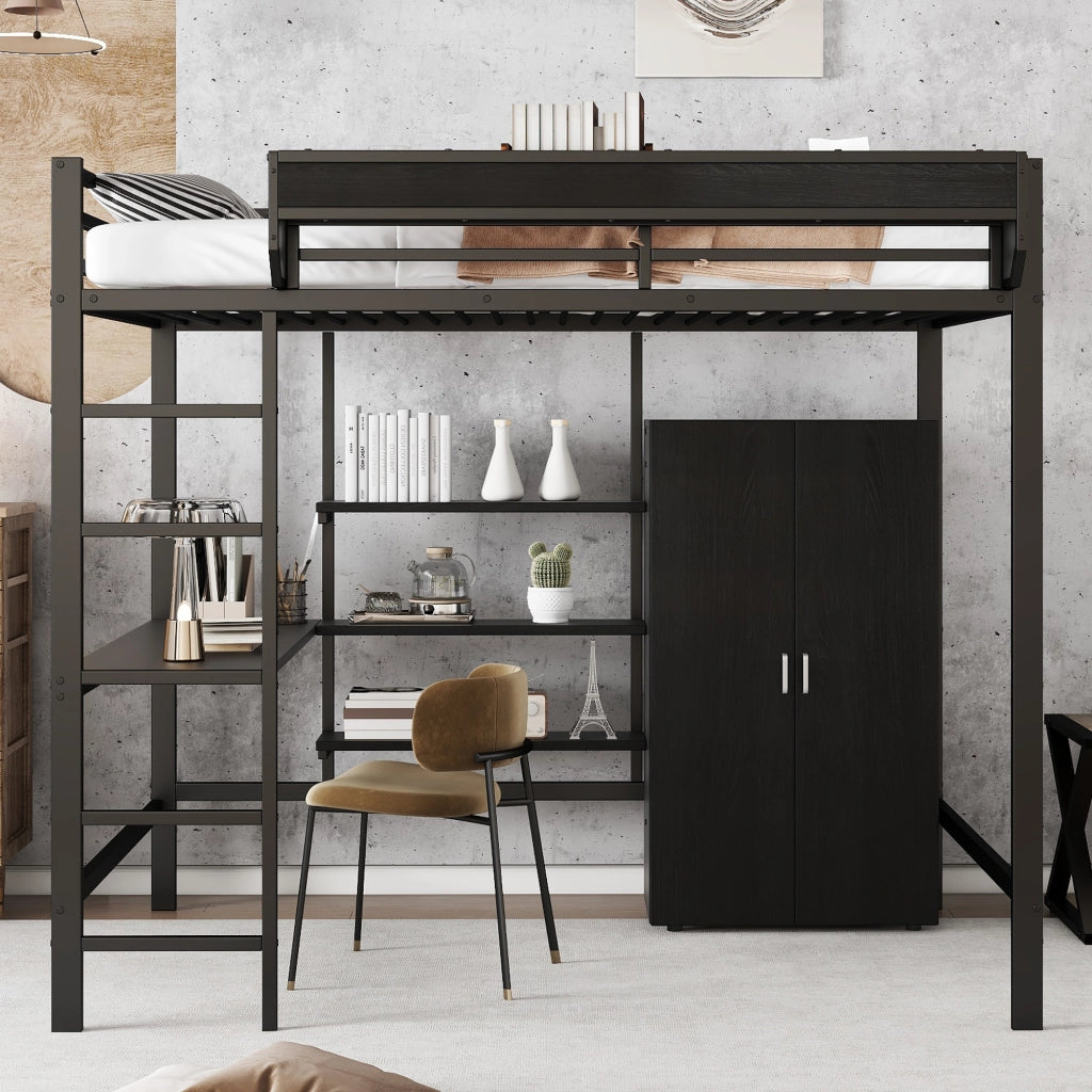 Letto a soppalco per bambini 140 × 200 cm con scrivania, armadio, ripiani e struttura in ferro e MDF nera
