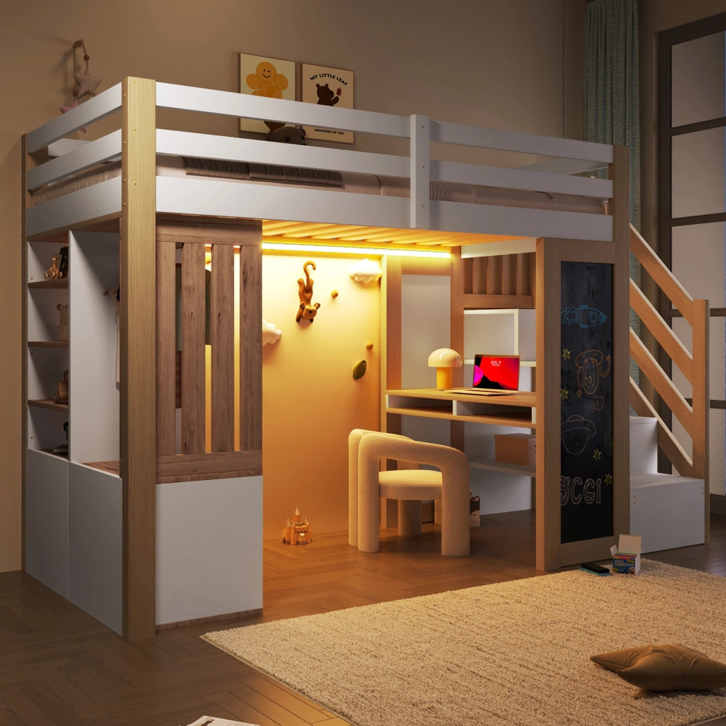 Letto a soppalco 90 × 200 cm con scrivania armadio scaffali scala contenitore lavagna LED bianco naturale