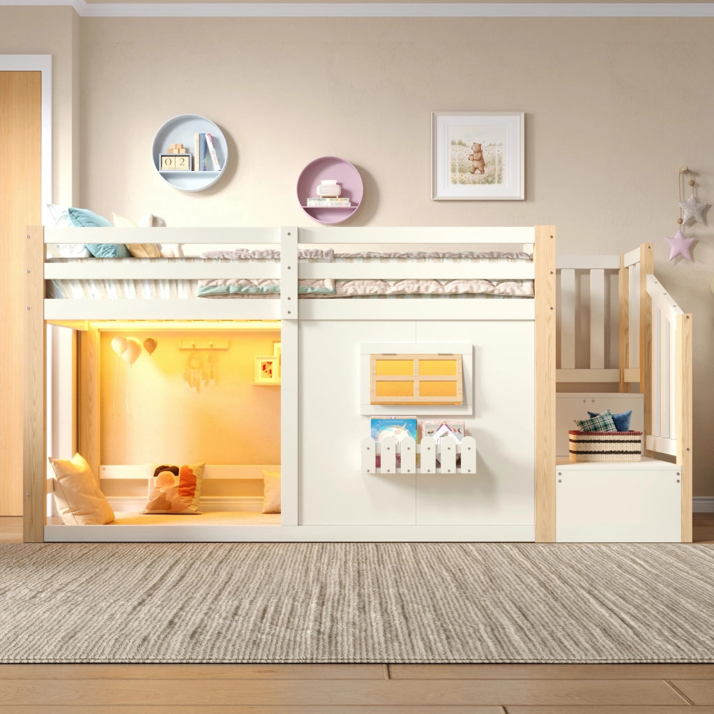 LETTO A SOPPALCO 90x200 cm Pino e MDF Naturale/Bianco con Scala e LED