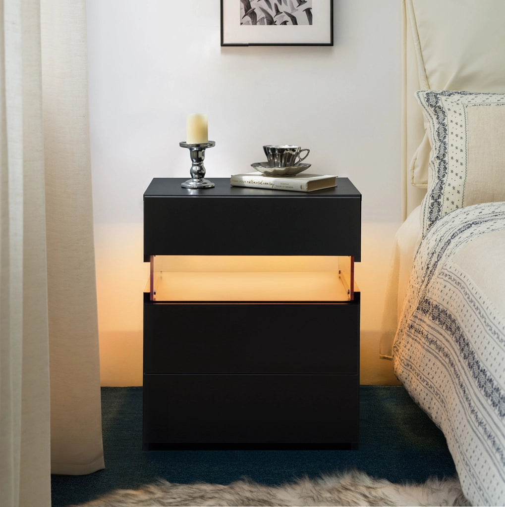 Comodino LED nero con 3 cassetti e pannello acrilico