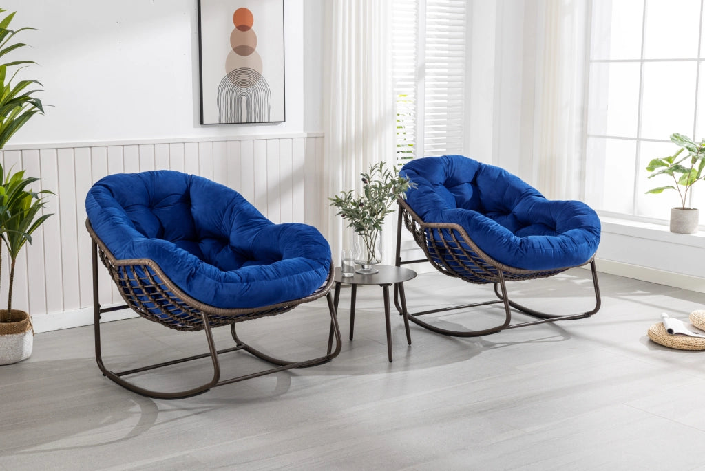 Sedia a Dondolo da Esterno in Rattan Sintetico con Cuscino Imbottito, Blu Navy, 78x106x90 cm