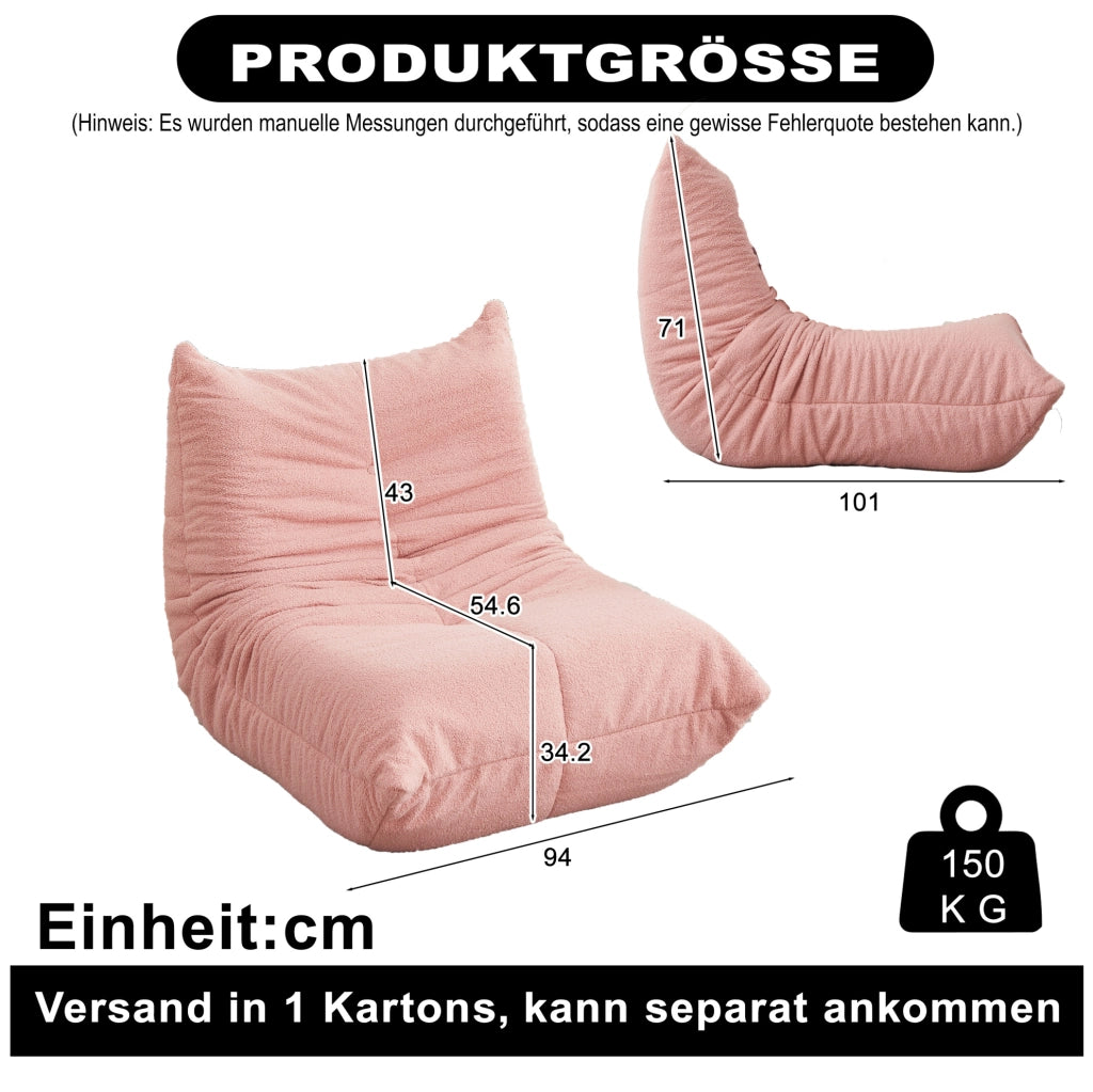 Poltrona da pavimento ULEVR 97 cm in tessuto teddy rosa, imbottita in schiuma elastica, design con bottoni