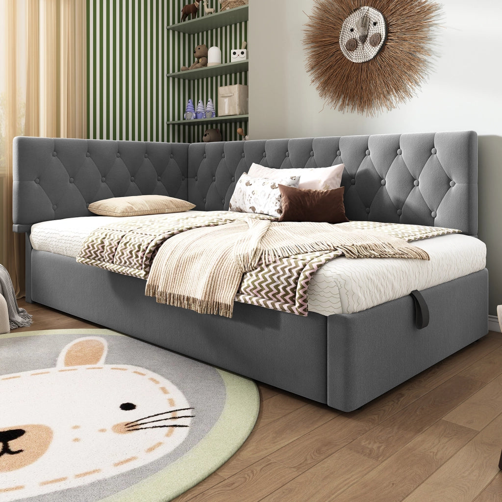 Letto divano singolo 90 × 190 cm con contenitore idraulico e testiera reversibile, senza materasso, velluto grigio