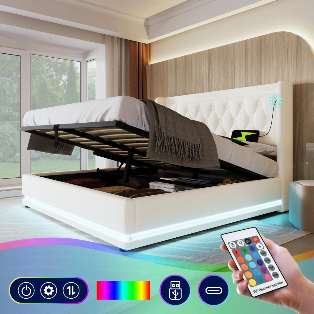 Letto contenitore matrimoniale 160 × 200 cm con USB, porta tipo C e LED regolabile, senza materasso, in PU bianco