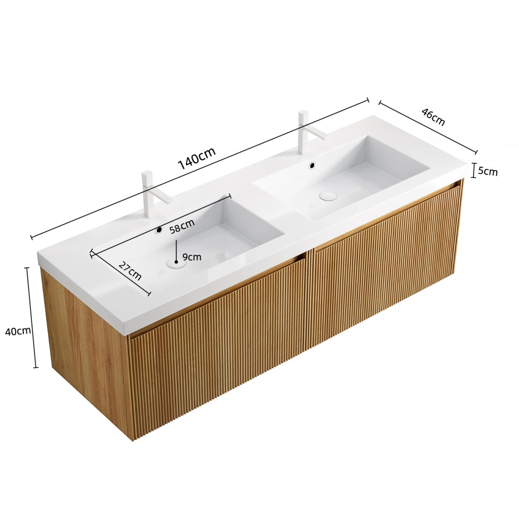 Mobile bagno ULEVR 140 cm con lavabo integrato in resina, cassetti LED soft-close, rovere naturale e bianco