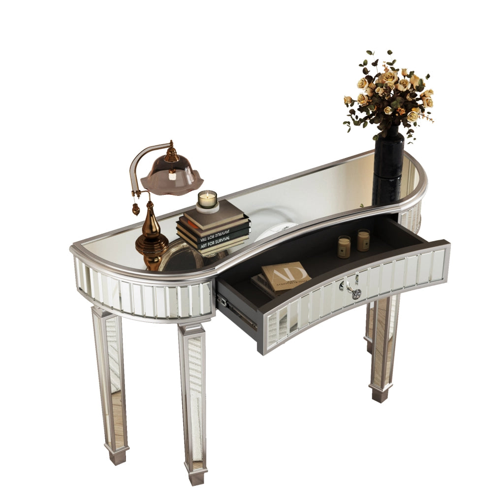 Consolle a mezzaluna con specchio 120x38x78 cm con cassetto; vetro scanalato grigio e argento HOMVRA