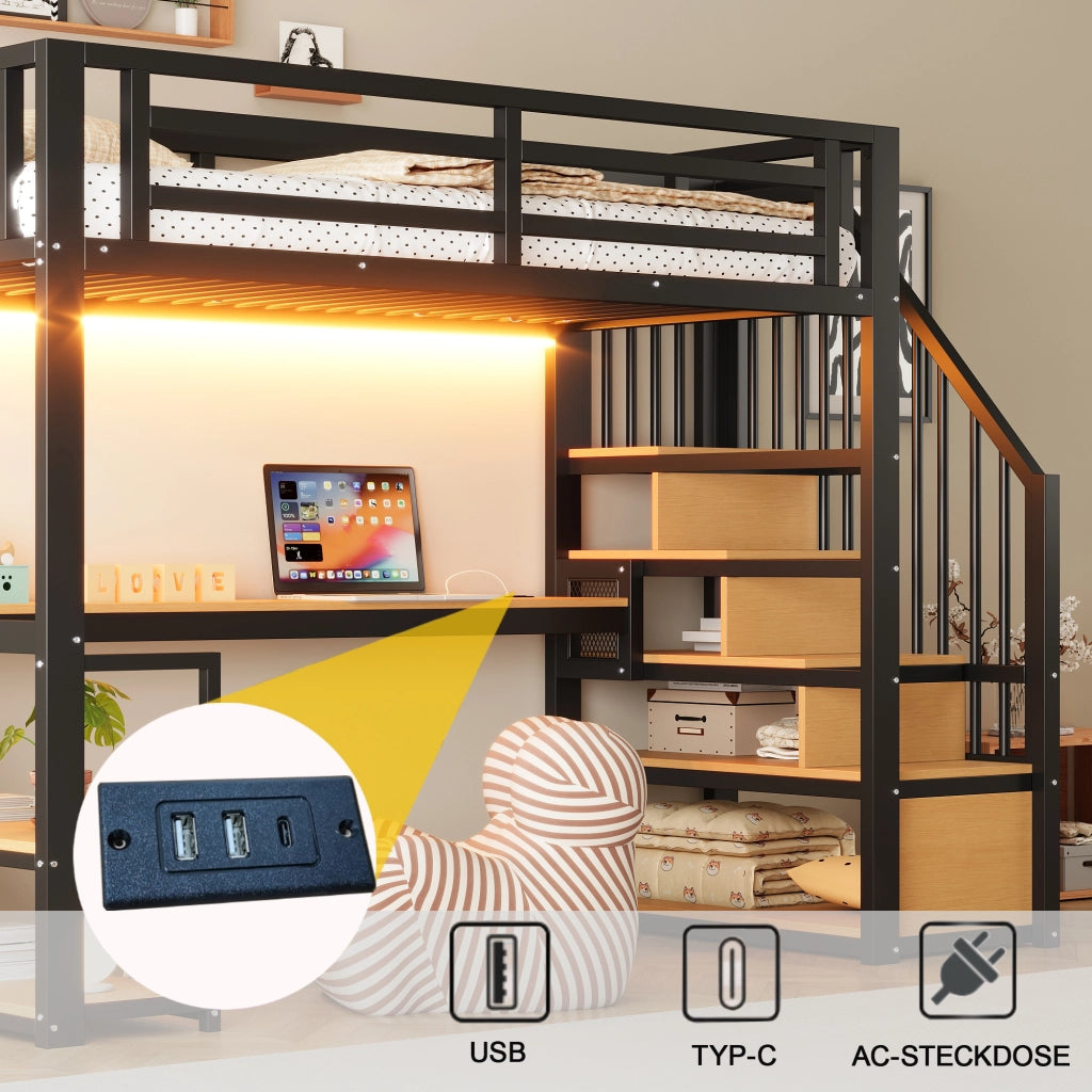 Letto per bambini a soppalco 90x200 cm con scrivania; ripiani e scala contenitore; metallo nero