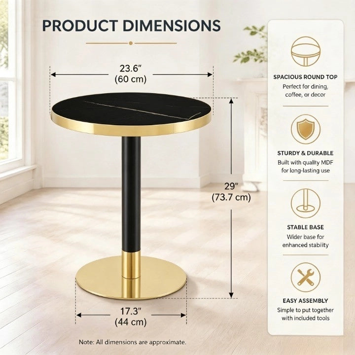 Tavolo da pranzo rotondo con base stabile e bordo dorato, piano effetto marmo nero in MDF e metallo, diametro 60 cm
