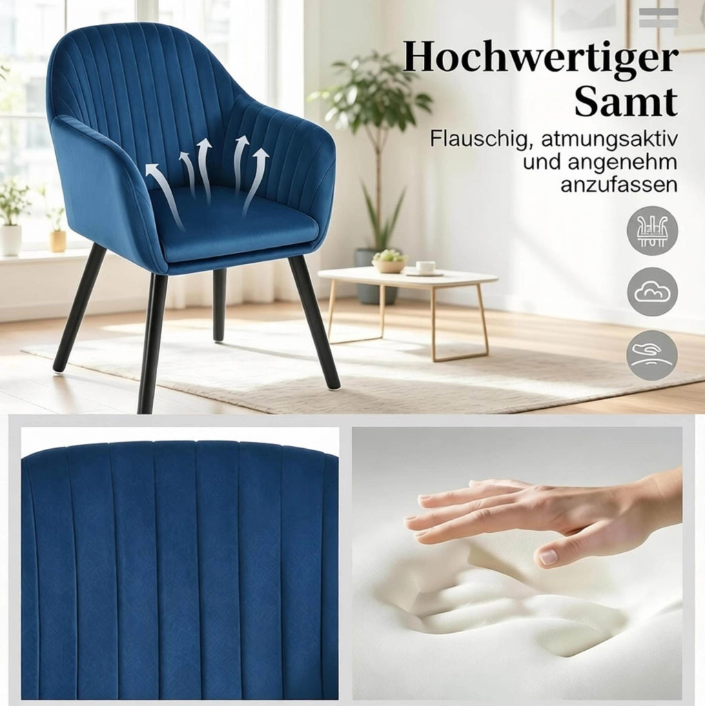 Set di 2 sedie imbottite in velluto con braccioli blu e nere