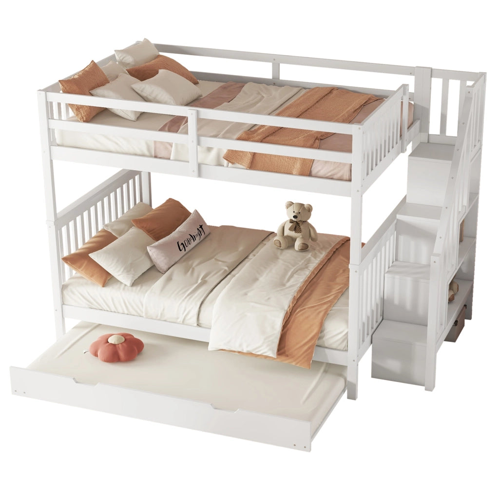 Letto a soppalco 140x200 cm con letto estraibile e ripiani scala in pino e MDF bianco