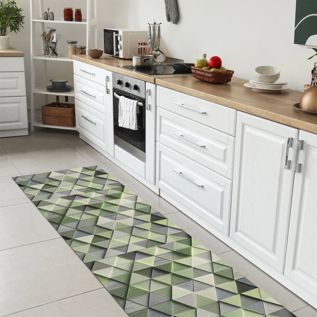 Tappeto passatoia fantasia made in Italy antiscivolo lavabile aderente triangoli multicolore 50x300cm - Triangle Verde