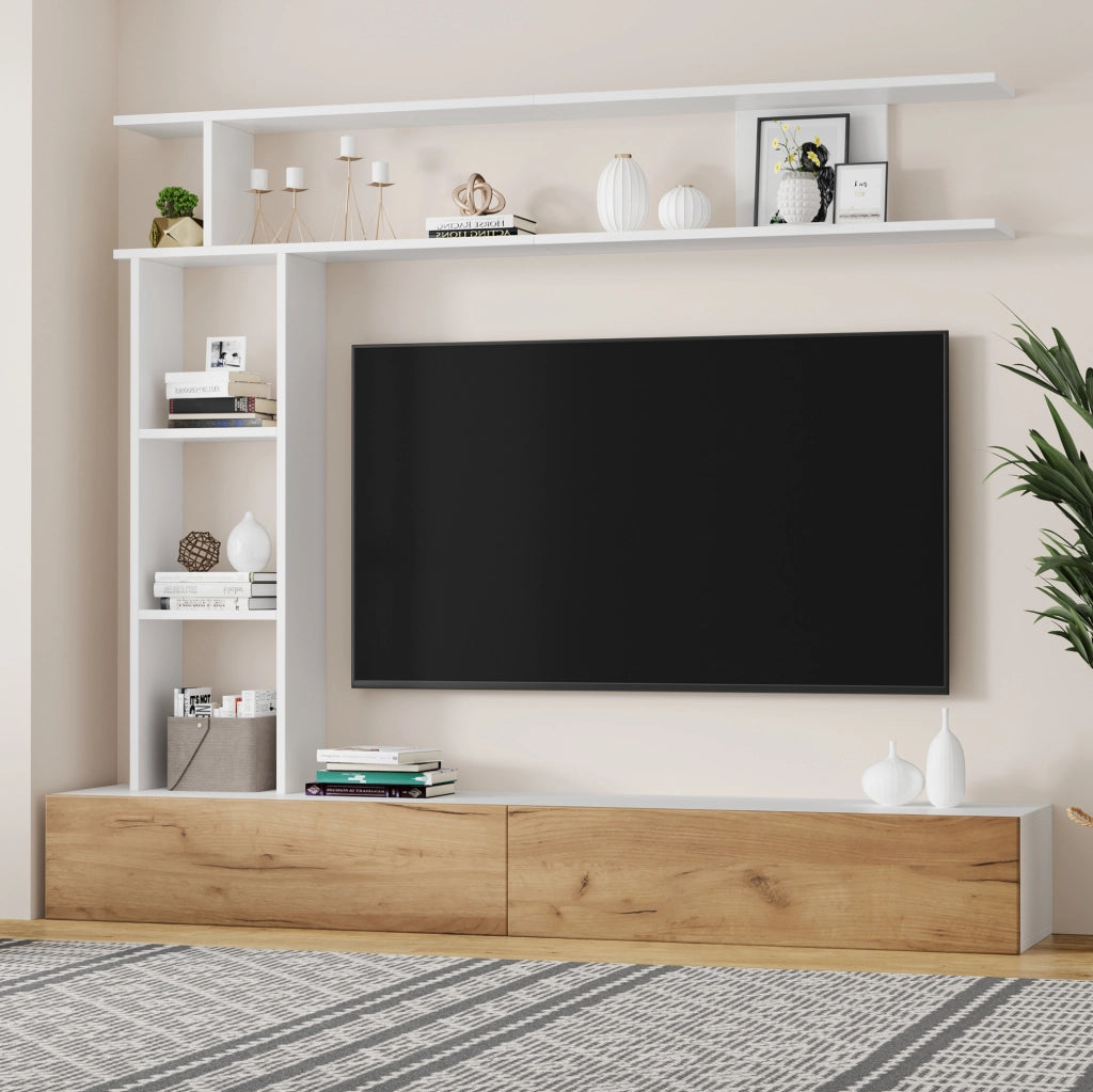 Mobile porta TV modulare con pensile e ripiani, bianco e legno