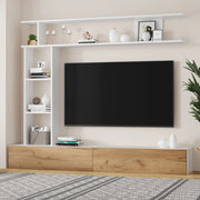 Mobile porta TV modulare con pensile e ripiani, bianco e legno