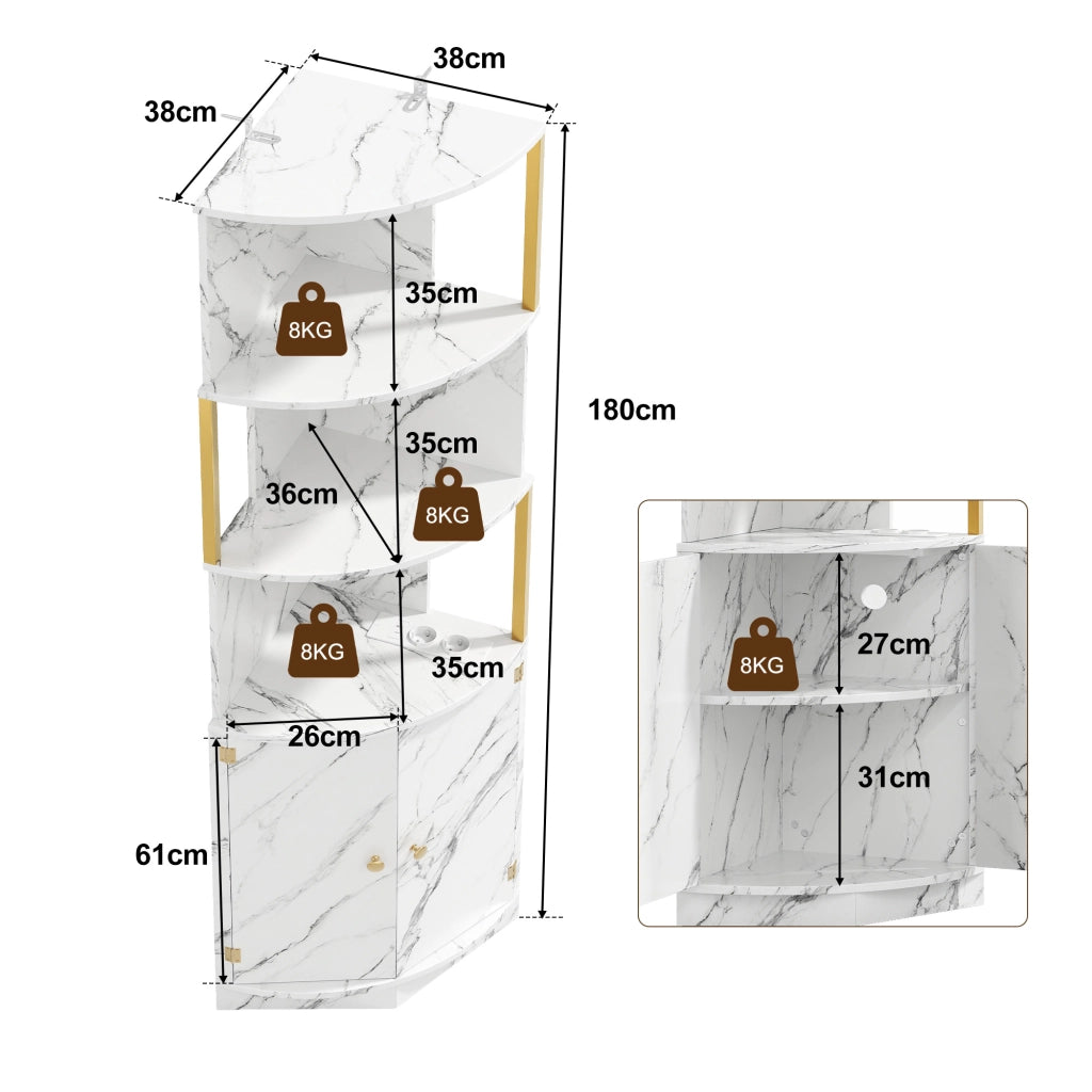 Armadio angolare con illuminazione LED e prese, 2 ante, per cucina/sala da pranzo/soggiorno, 38x38x180 cm