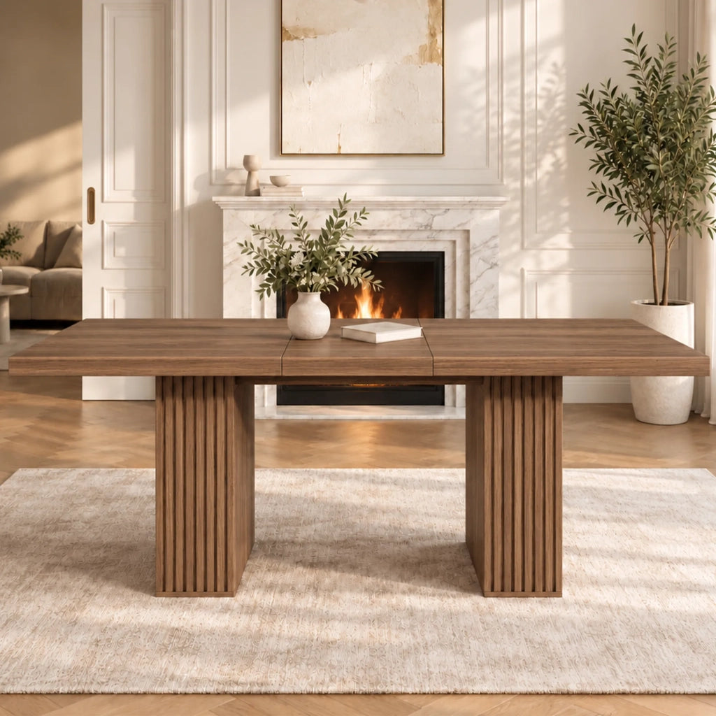 Tavolo da pranzo allungabile 150/190x90 cm, stile scandinavo colore noce, piano spesso con vano portaoggetti, per 6-8 persone