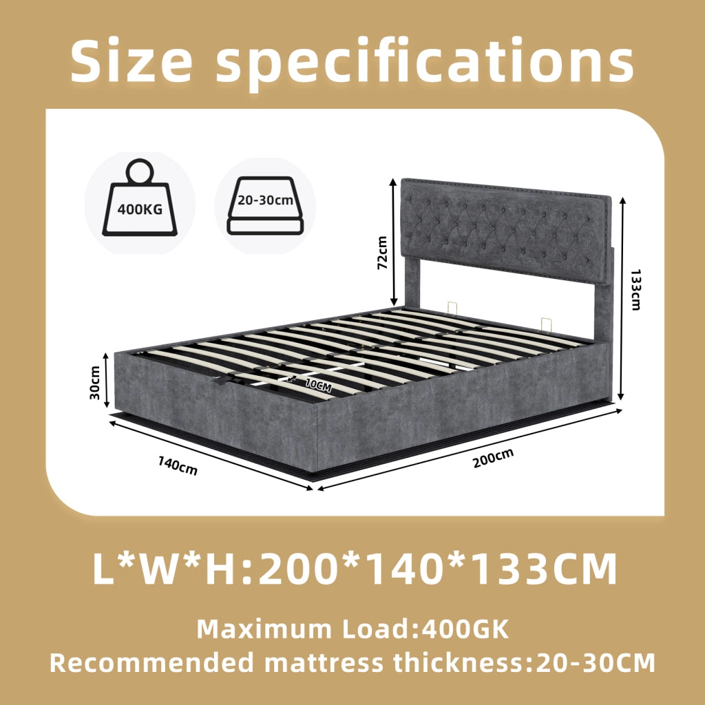 Letto 140 × 200 cm con testiera alta rivestito in velluto grigio con borchie e rete a doghe in legno
