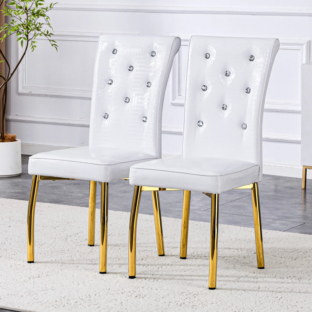Sedia da pranzo set di 2 con dettagli in cristallo seduta imbottita e gambe metalliche dorate in PVC bianco oro