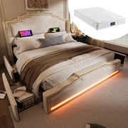Letto matrimoniale 140 ¡Á 200 cm con quattro cassetti LED USB C in velluto beige con rete e materasso