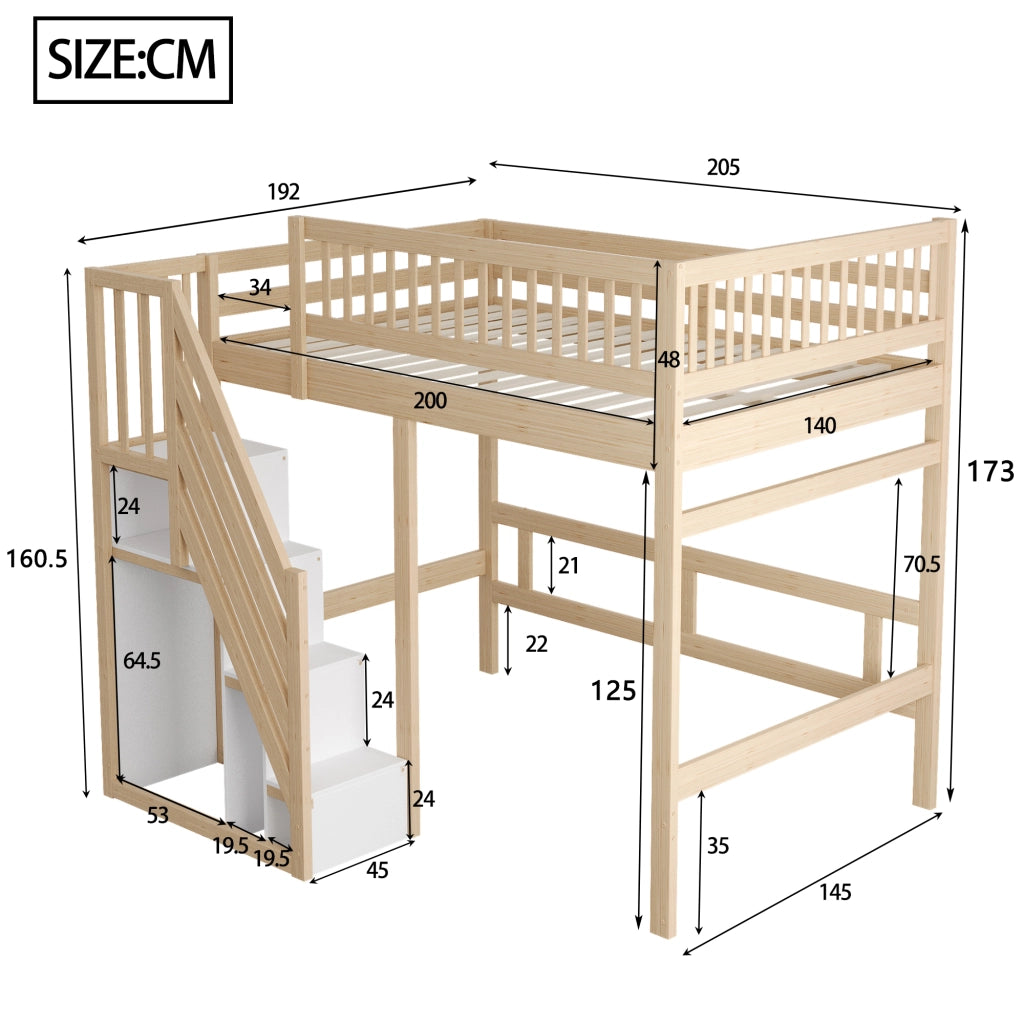 Letto a soppalco 140 × 200 cm con scala contenitore e barriera alta in legno colore naturale