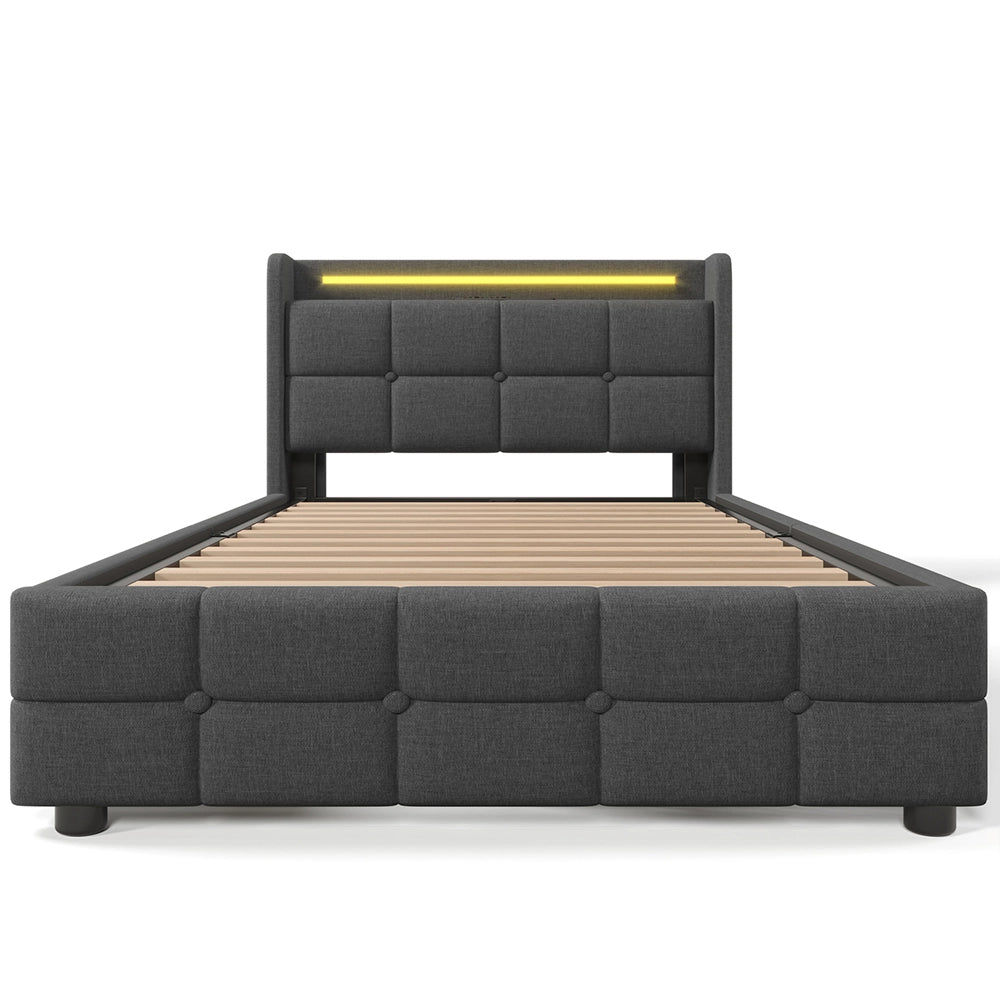 Letto imbottito con testiera e illuminazione LED, 2 cassetti, funzione di ricarica USB, Grigio - Xylo - 90x200cm