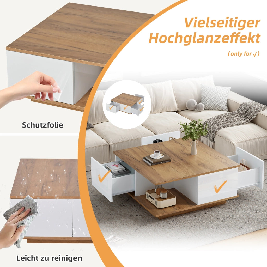 Tavolino basso quadrato con 3 cassetti e vano aperto in truciolare bianco e legno per soggiorno 70 × 70 × 31,5 cm