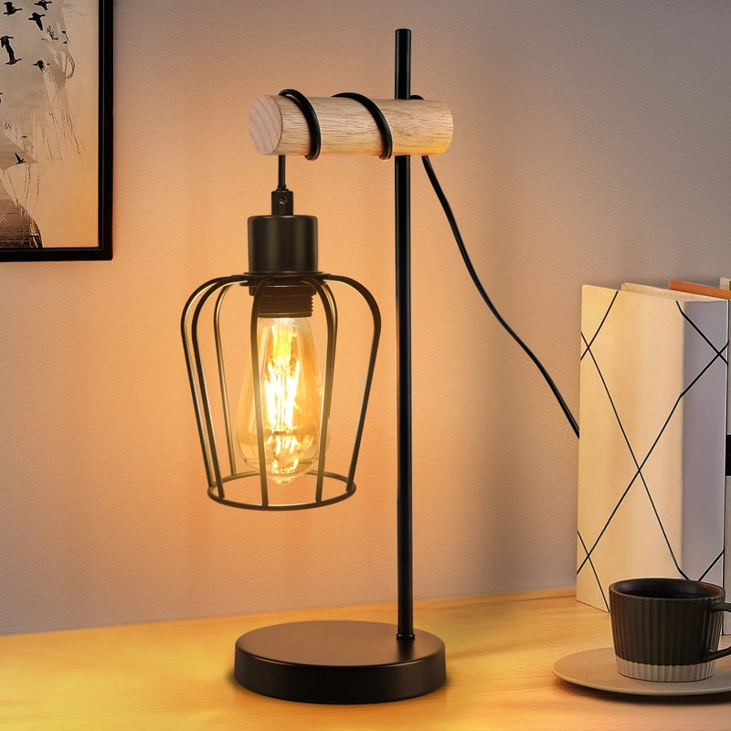 ZMH Lampada da tavolo vintage legno nera metallo E27 1 luce senza lampadina per soggiorno comodino