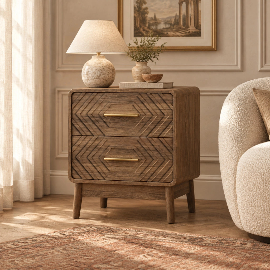 Comodino in stile Mid-Century con intagli geometrici, due cassetti, finitura noce e maniglie in metallo dorato