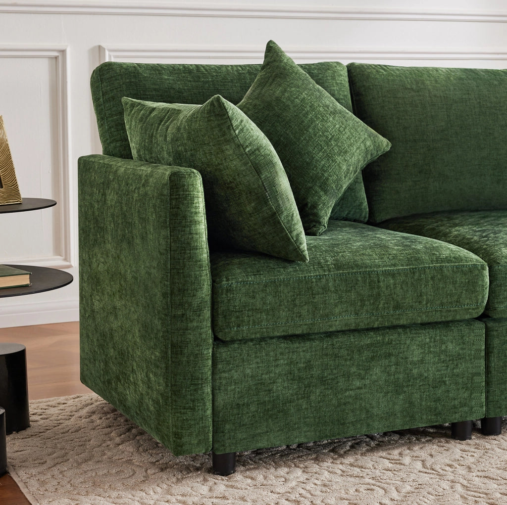 Divano modulare configurabile a L con pouf mobile; 3-4 posti; chenille verde; 216 x 161 x 81 cm