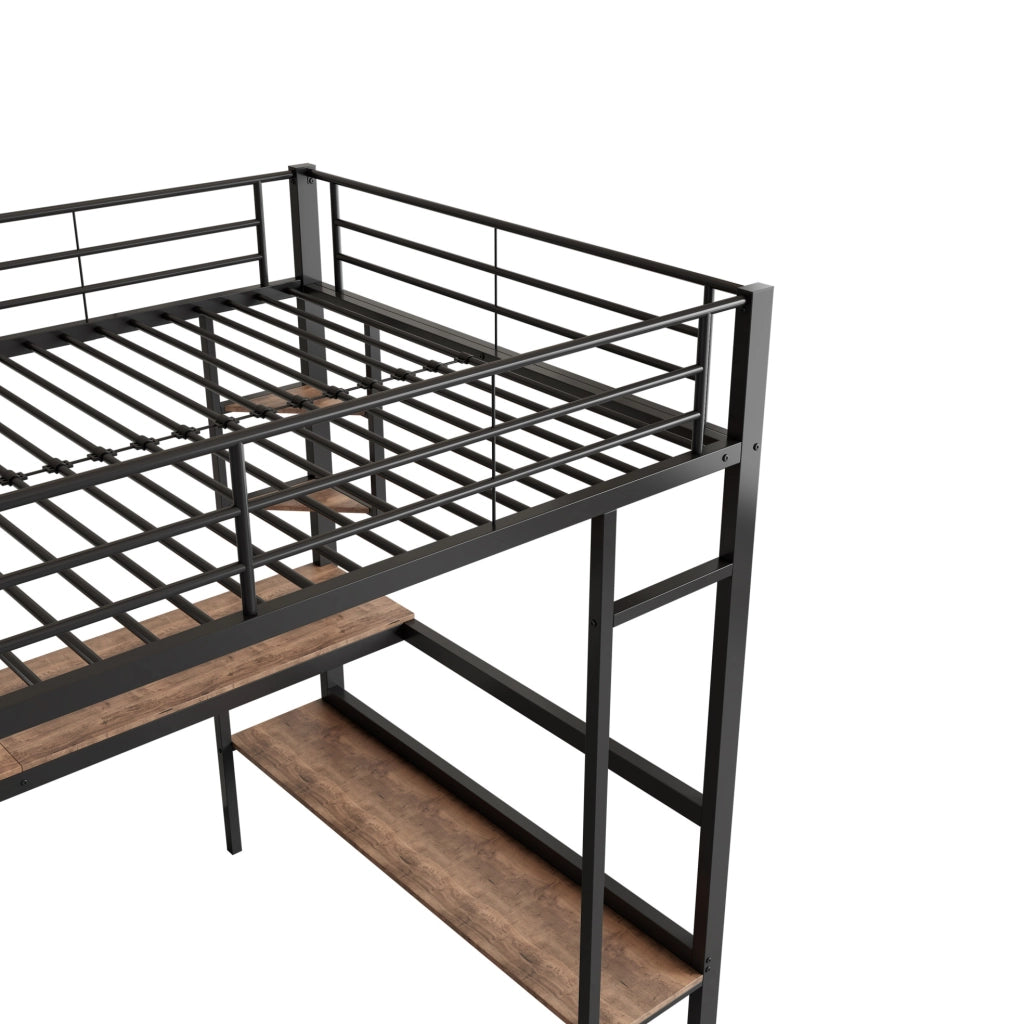 Letto a soppalco 90x200 cm in metallo con scrivania e libreria, nero