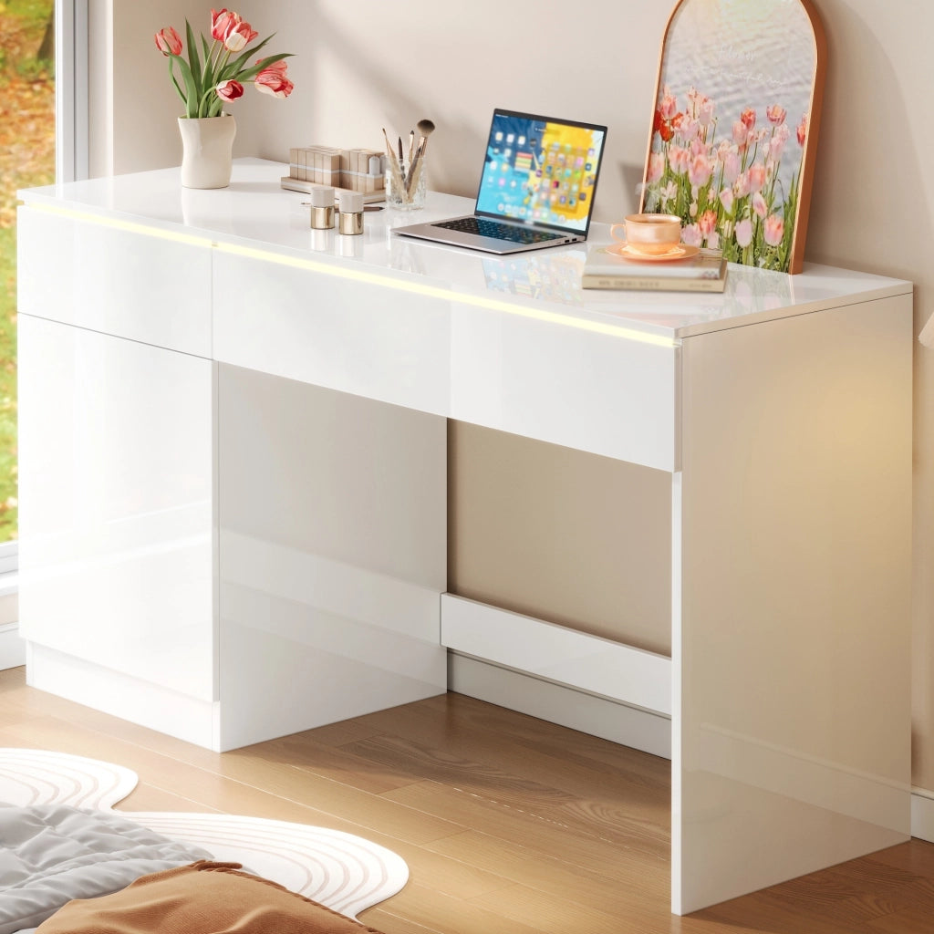 Scrivania con LED due cassetti e vano con anta in truciolare bianco lucido per home office 120 × 50 × 78 cm