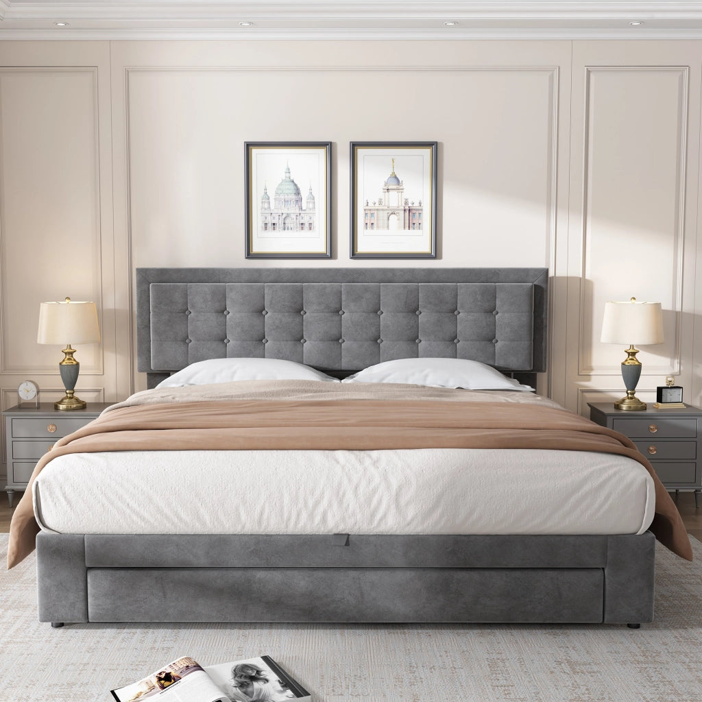 Letto imbottito con contenitore e cassetti, 180x200 cm, grigio