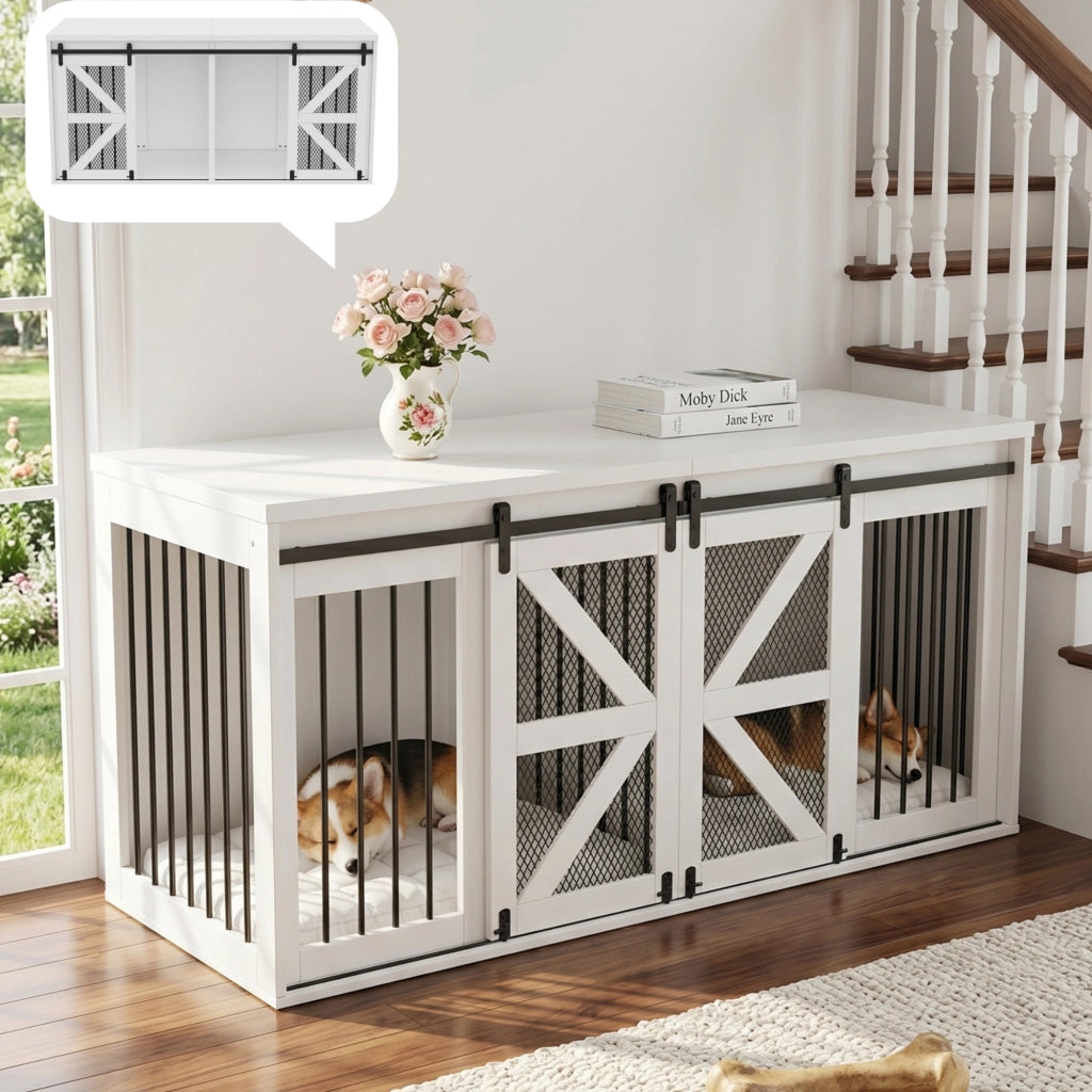 Gabbia per cani con divisorio centrale fisso e porte scorrevoli; in MDF e metallo bianco per due cani