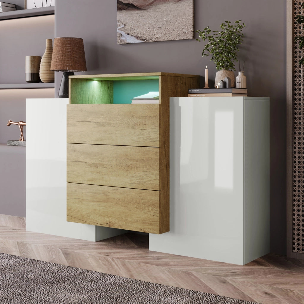 Madia Moderna 140 cm in MDF Lucido Bianco e Legno con Luci LED Multicolori