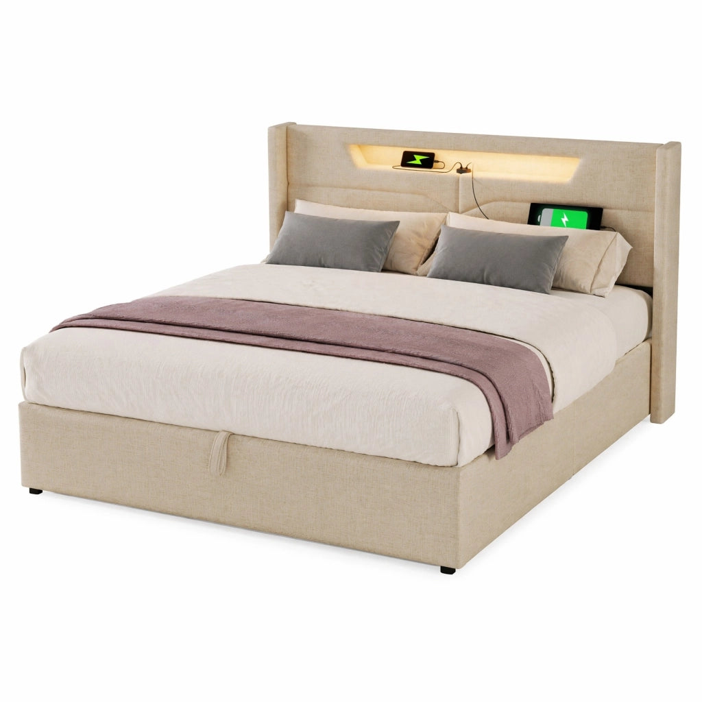 Letto contenitore 140x200 beige in lino con LED, USB e Type-C